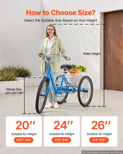 VEVOR Adult Tricycle 26 inch Trike for Adult 3 Wheel Cruiser Bike, with Cargo Basket, Adjustable Seat, and Double-Wall Wheel Rims, Carbon Steel Shopping Picnic Tricycles for Women, Men, Seniors - CRSLCZXC26C106XPP001V0 - view 7