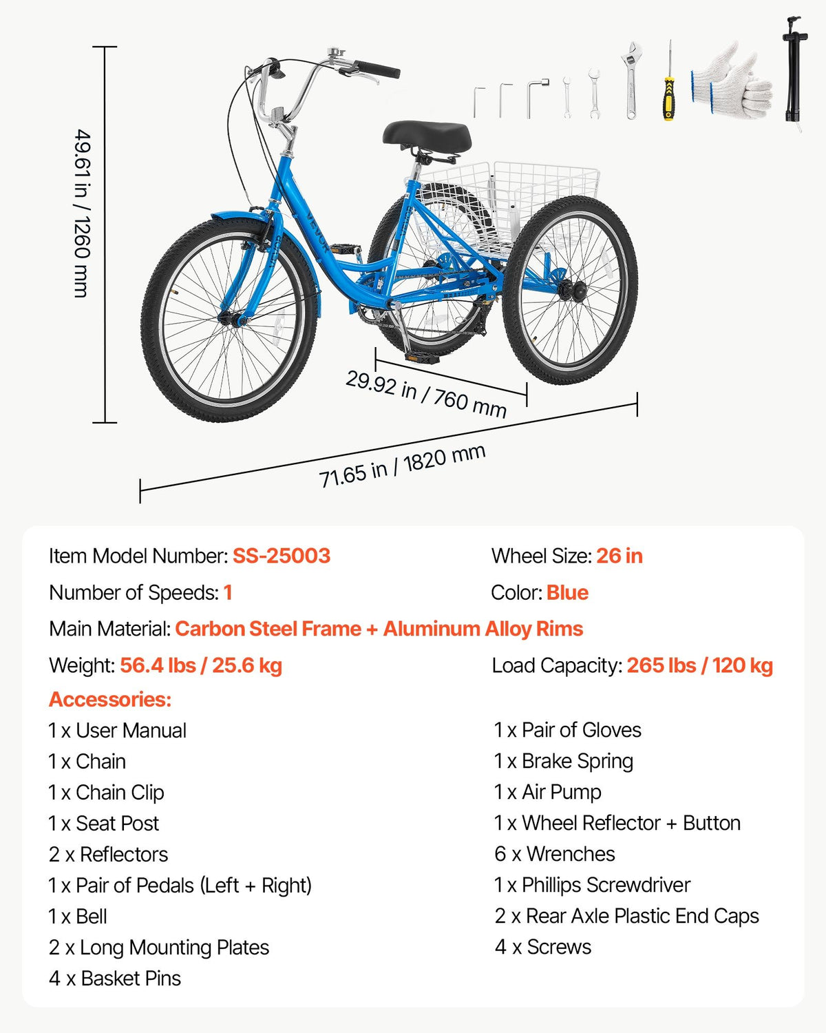 VEVOR Adult Tricycle 26 inch Trike for Adult 3 Wheel Cruiser Bike, with Cargo Basket, Adjustable Seat, and Double-Wall Wheel Rims, Carbon Steel Shopping Picnic Tricycles for Women, Men, Seniors - CRSLCZXC26C106XPP001V0 - view 8