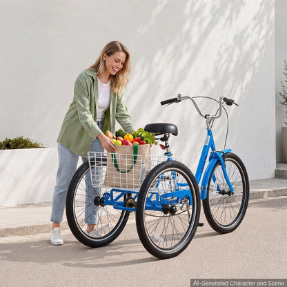 VEVOR Adult Tricycle 26 inch Trike for Adult 3 Wheel Cruiser Bike, with Cargo Basket, Adjustable Seat, and Double-Wall Wheel Rims, Carbon Steel Shopping Picnic Tricycles for Women, Men, Seniors - CRSLCZXC26C106XPP001V0 - view 9