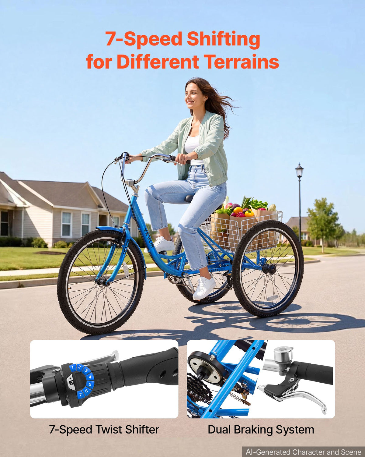 VEVOR Adult Tricycle 26 inch 7 Speed Trikes for Adult 3 Wheel Cruiser Bike, w/ Cargo Basket, Adjustable Seat, and Double-Wall Wheel Rims, Carbon Steel Shopping Tricycles for Women, Men, Senior (Blue) - CRSLCZXC26C7V82X6001V0 - view 3