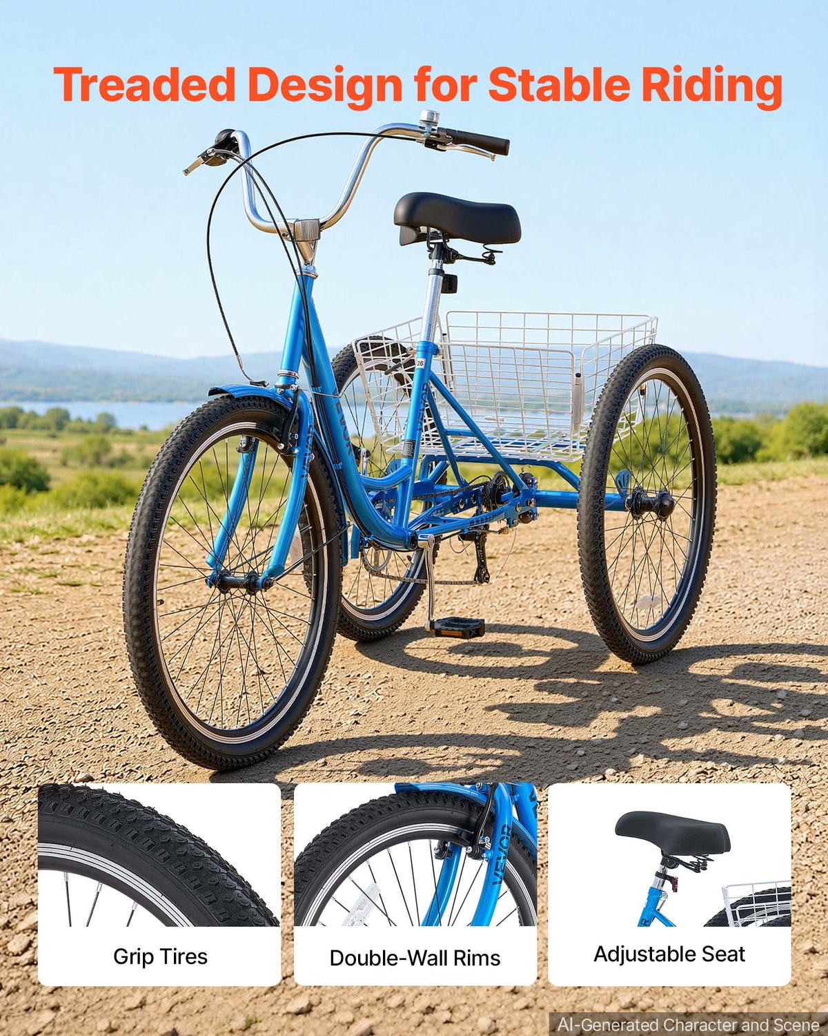 VEVOR Adult Tricycle 26 inch 7 Speed Trikes for Adult 3 Wheel Cruiser Bike, w/ Cargo Basket, Adjustable Seat, and Double-Wall Wheel Rims, Carbon Steel Shopping Tricycles for Women, Men, Senior (Blue) - CRSLCZXC26C7V82X6001V0 - view 4