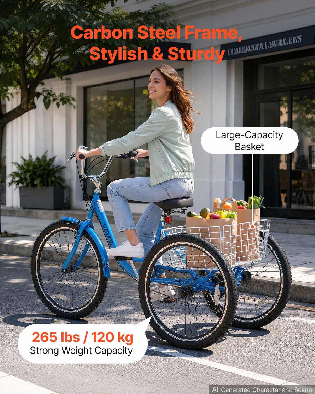 VEVOR Adult Tricycle 26 inch 7 Speed Trikes for Adult 3 Wheel Cruiser Bike, w/ Cargo Basket, Adjustable Seat, and Double-Wall Wheel Rims, Carbon Steel Shopping Tricycles for Women, Men, Senior (Blue) - CRSLCZXC26C7V82X6001V0 - view 5