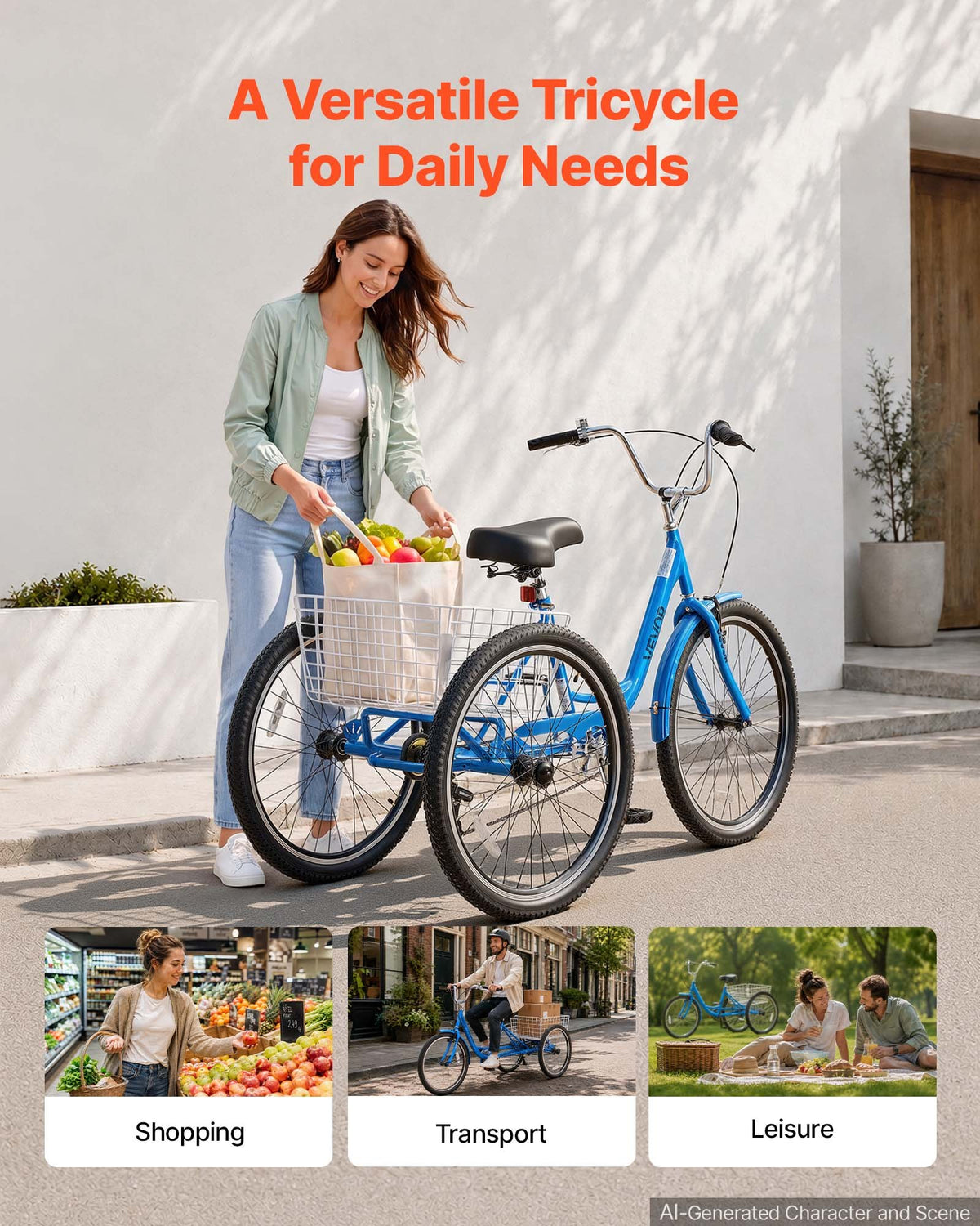 VEVOR Adult Tricycle 26 inch 7 Speed Trikes for Adult 3 Wheel Cruiser Bike, w/ Cargo Basket, Adjustable Seat, and Double-Wall Wheel Rims, Carbon Steel Shopping Tricycles for Women, Men, Senior (Blue) - CRSLCZXC26C7V82X6001V0 - view 6