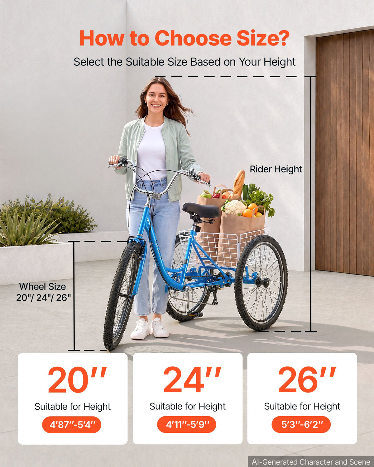 VEVOR Adult Tricycle 26 inch 7 Speed Trikes for Adult 3 Wheel Cruiser Bike, w/ Cargo Basket, Adjustable Seat, and Double-Wall Wheel Rims, Carbon Steel Shopping Tricycles for Women, Men, Senior (Blue) - CRSLCZXC26C7V82X6001V0 - view 7