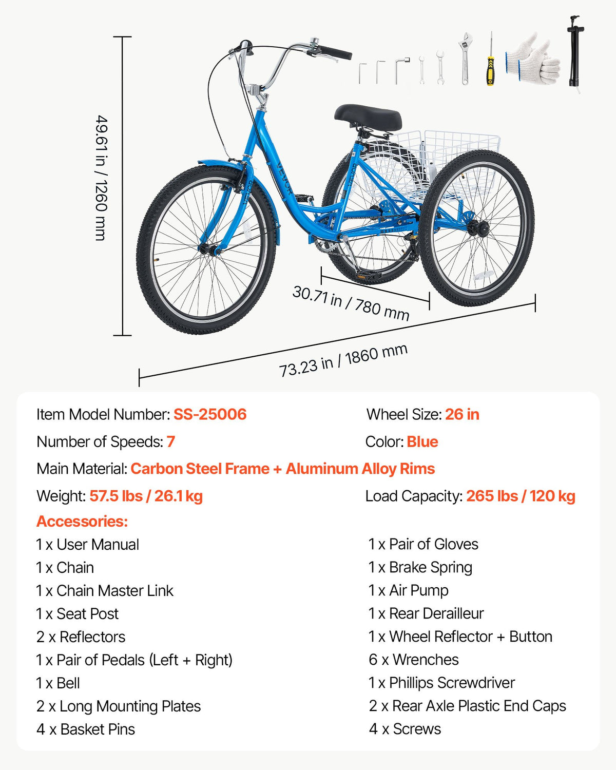VEVOR Adult Tricycle 26 inch 7 Speed Trikes for Adult 3 Wheel Cruiser Bike, w/ Cargo Basket, Adjustable Seat, and Double-Wall Wheel Rims, Carbon Steel Shopping Tricycles for Women, Men, Senior (Blue) - CRSLCZXC26C7V82X6001V0 - view 8