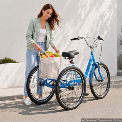 VEVOR Adult Tricycle 26 inch 7 Speed Trikes for Adult 3 Wheel Cruiser Bike, w/ Cargo Basket, Adjustable Seat, and Double-Wall Wheel Rims, Carbon Steel Shopping Tricycles for Women, Men, Senior (Blue) - CRSLCZXC26C7V82X6001V0 - view 9
