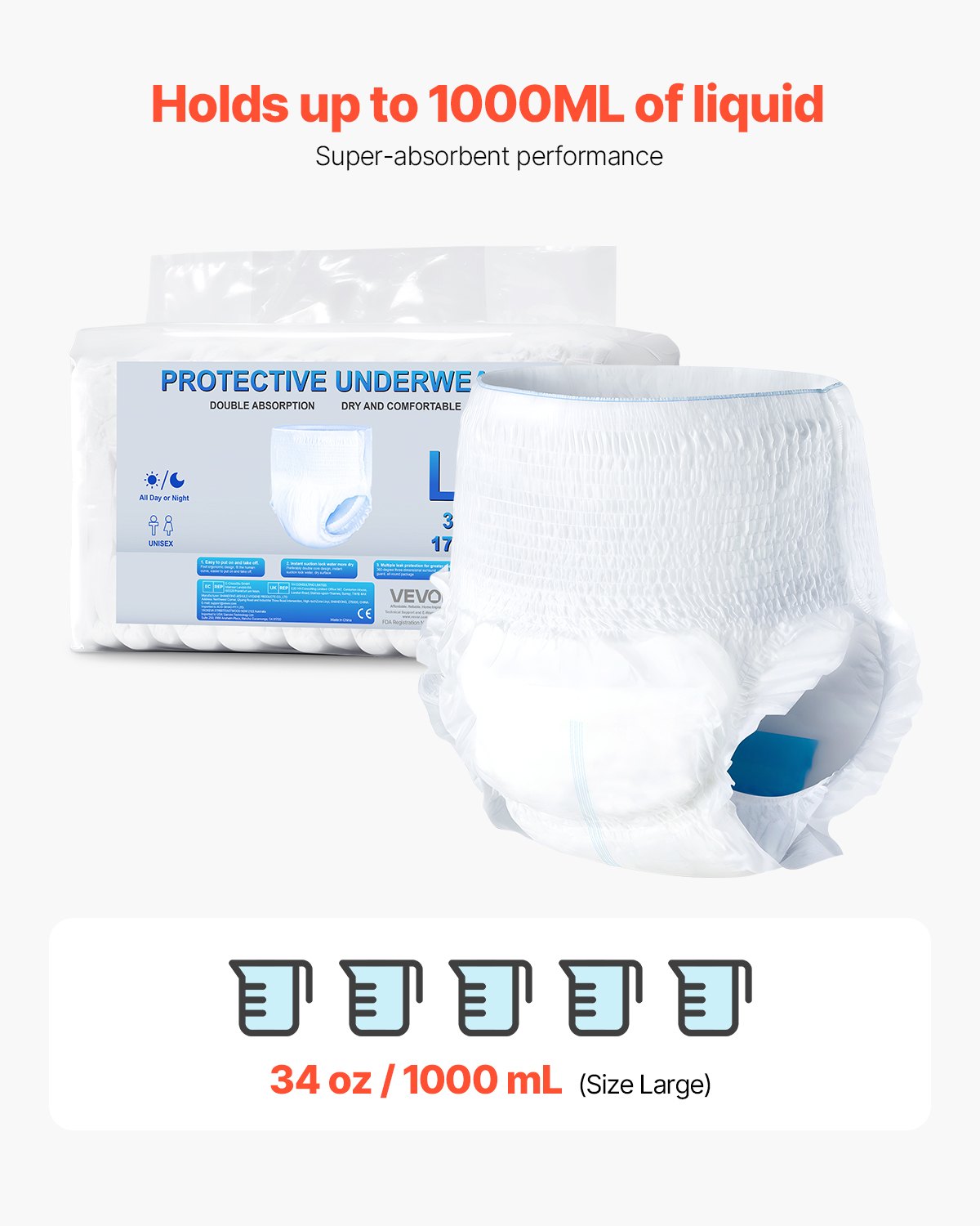 VEVOR Adult Incontinence Underwear, High Absorbent Protective Underwear for Men & Women, Disposable Adult Pull-ups Diaper with Leakproof Leg Cuff & Wetness Indicator - L Size, 64 Count (4 Packs of 16) - CRZNKLLKFHML97K96001V0 - view 3