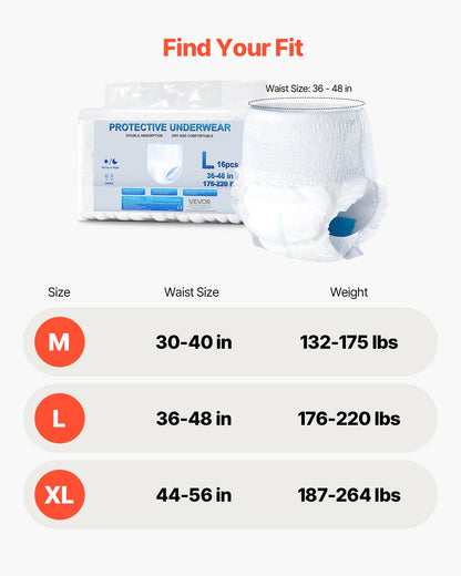 VEVOR Adult Incontinence Underwear, High Absorbent Protective Underwear for Men & Women, Disposable Adult Pull-ups Diaper with Leakproof Leg Cuff & Wetness Indicator - L Size, 64 Count (4 Packs of 16) - CRZNKLLKFHML97K96001V0 - view 8
