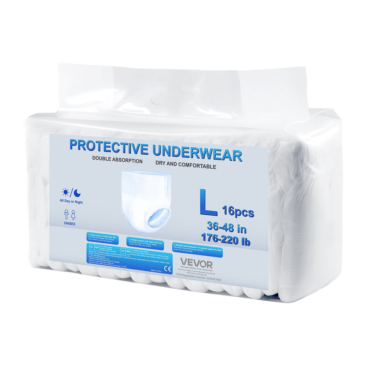 VEVOR Adult Incontinence Underwear, High Absorbent Protective Underwear for Men & Women, Disposable Adult Pull-ups Diaper with Leakproof Leg Cuff & Wetness Indicator - L Size, 64 Count (4 Packs of 16) - CRZNKLLKFHML97K96001V0 - view 10