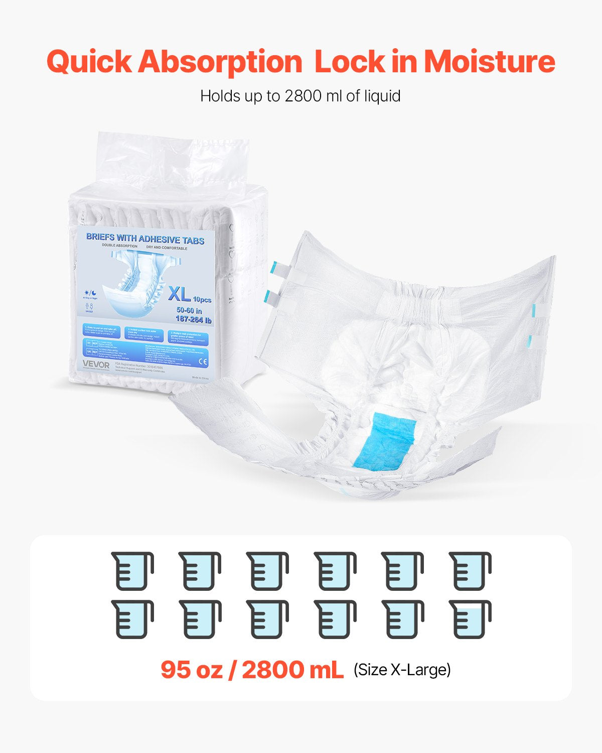 VEVOR Adult Briefs with Tabs, Super Absorbent Incontinence Briefs for Men and Women, Disposable Adult Diapers with Leakproof 3D Surround Guard & Wetness Indicator - XL Size, 40 Count (4 Packs of 10) - CRZNKZNKPEMXAMTVY001V0 - view 3