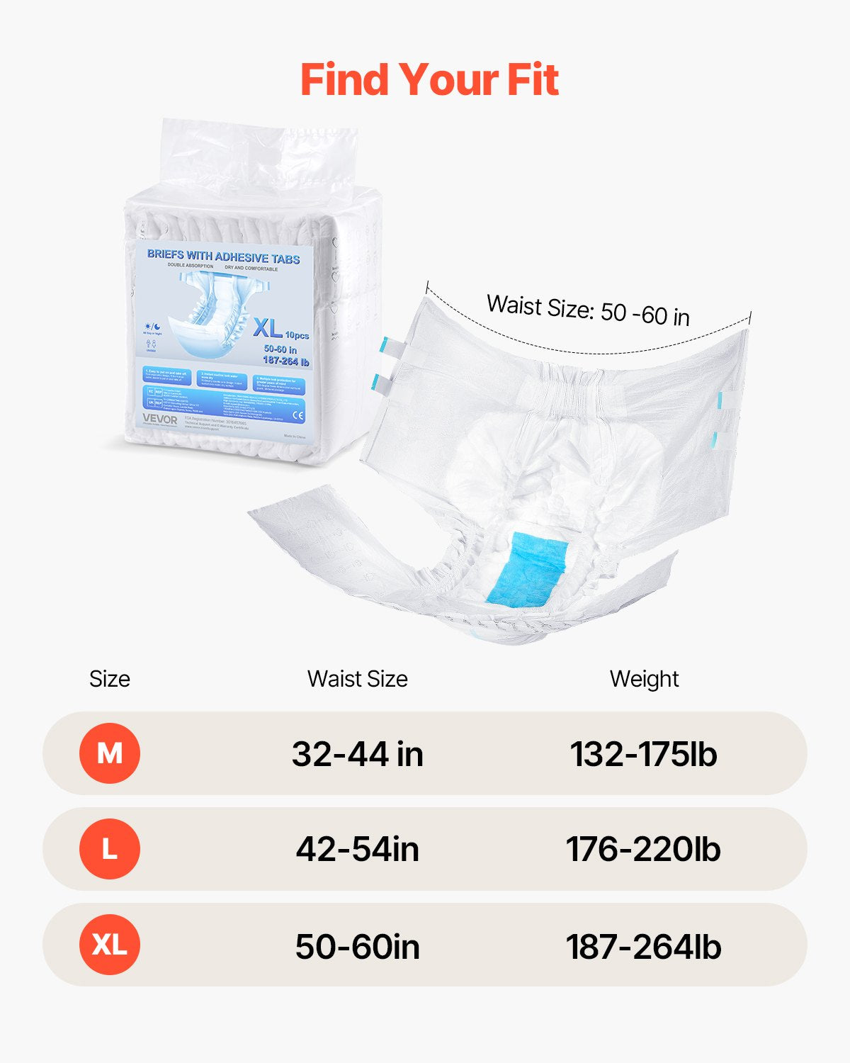 VEVOR Adult Briefs with Tabs, Super Absorbent Incontinence Briefs for Men and Women, Disposable Adult Diapers with Leakproof 3D Surround Guard & Wetness Indicator - XL Size, 40 Count (4 Packs of 10) - CRZNKZNKPEMXAMTVY001V0 - view 8