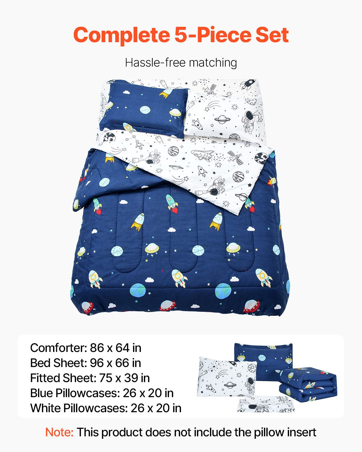 VEVOR Kids Comforter Set, 5 Pieces, Twin Bedding Sets with 1 Comforter, 1 Flat Sheet, 1 Fitted Sheet, 2 Pillowcases, Soft Microfiber & Space Printed, Bedding Comforter Sets for Boys Girls Teen - CS5JTCXXWTWI64ICY001V0 - view 3