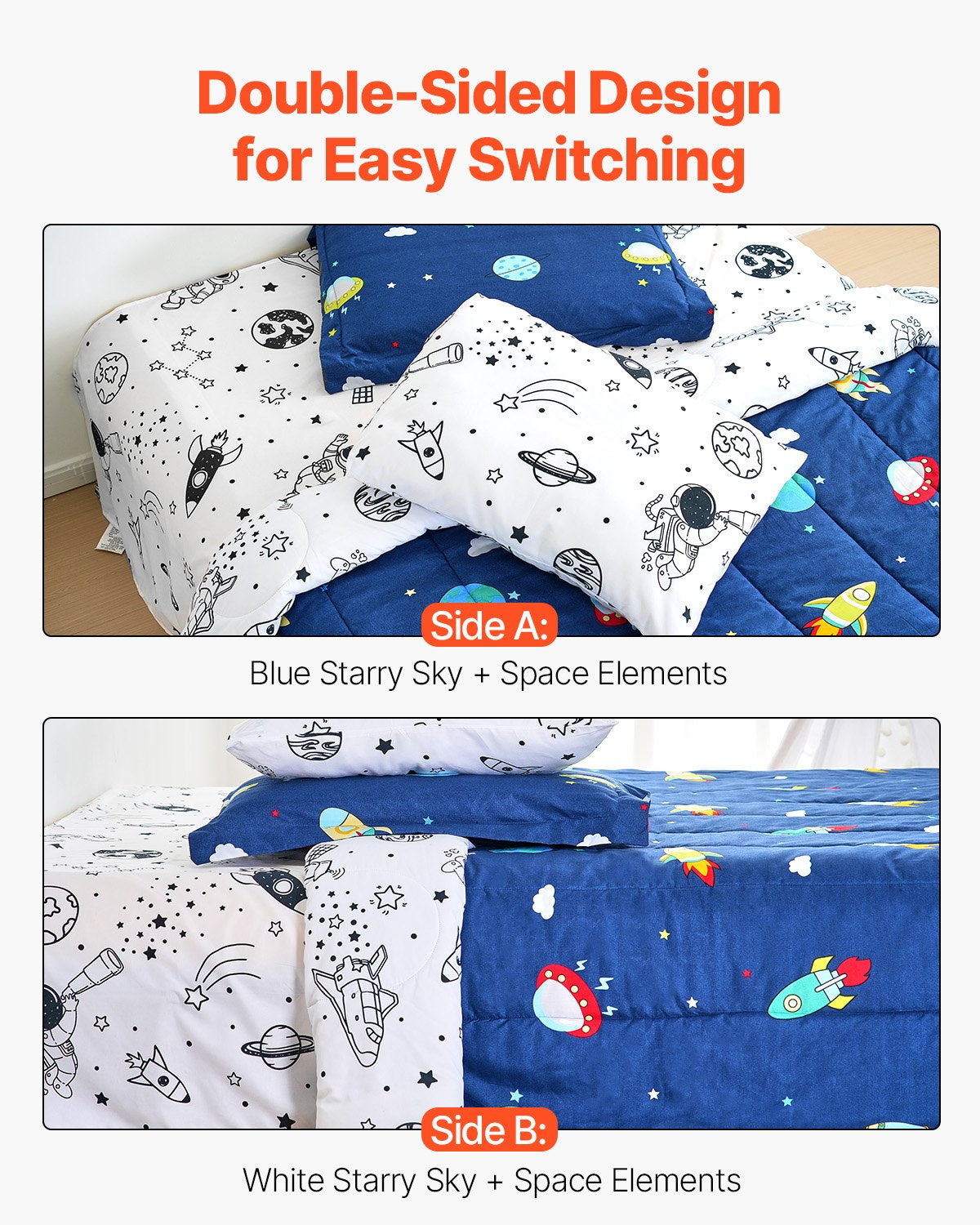VEVOR Kids Comforter Set, 5 Pieces, Twin Bedding Sets with 1 Comforter, 1 Flat Sheet, 1 Fitted Sheet, 2 Pillowcases, Soft Microfiber & Space Printed, Bedding Comforter Sets for Boys Girls Teen - CS5JTCXXWTWI64ICY001V0 - view 6