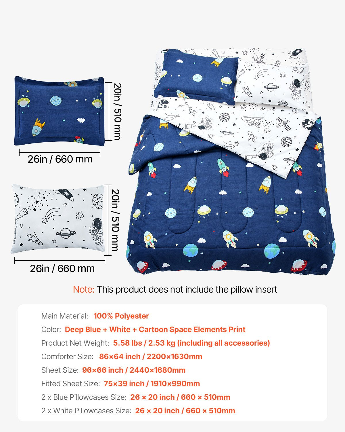 VEVOR Kids Comforter Set, 5 Pieces, Twin Bedding Sets with 1 Comforter, 1 Flat Sheet, 1 Fitted Sheet, 2 Pillowcases, Soft Microfiber & Space Printed, Bedding Comforter Sets for Boys Girls Teen - CS5JTCXXWTWI64ICY001V0 - view 8