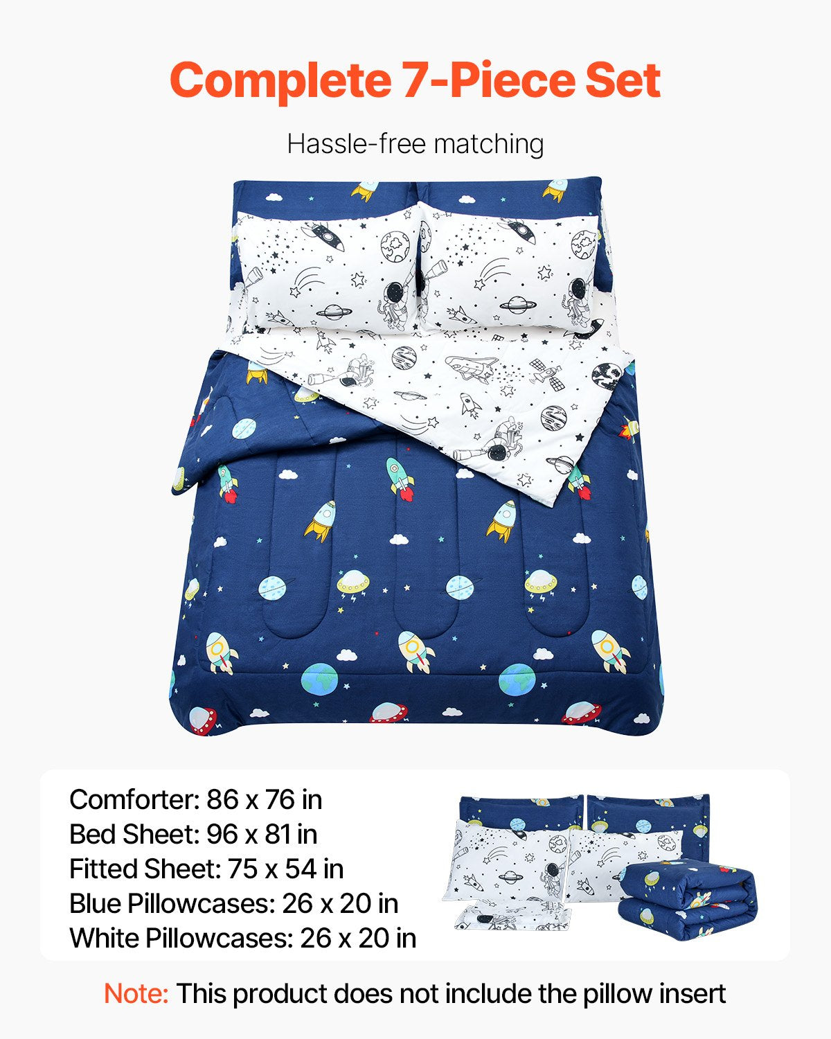 VEVOR Kids Comforter Set, 7 Pieces, Twin Bedding Sets with 1 Comforter, 1 Flat Sheet, 1 Fitted Sheet, 4 Pillowcases, Soft Microfiber & Space Printed, Bedding Comforter Sets for Boys Girls Teen - CS7JTCXXWFULAXK4E001V0 - view 3