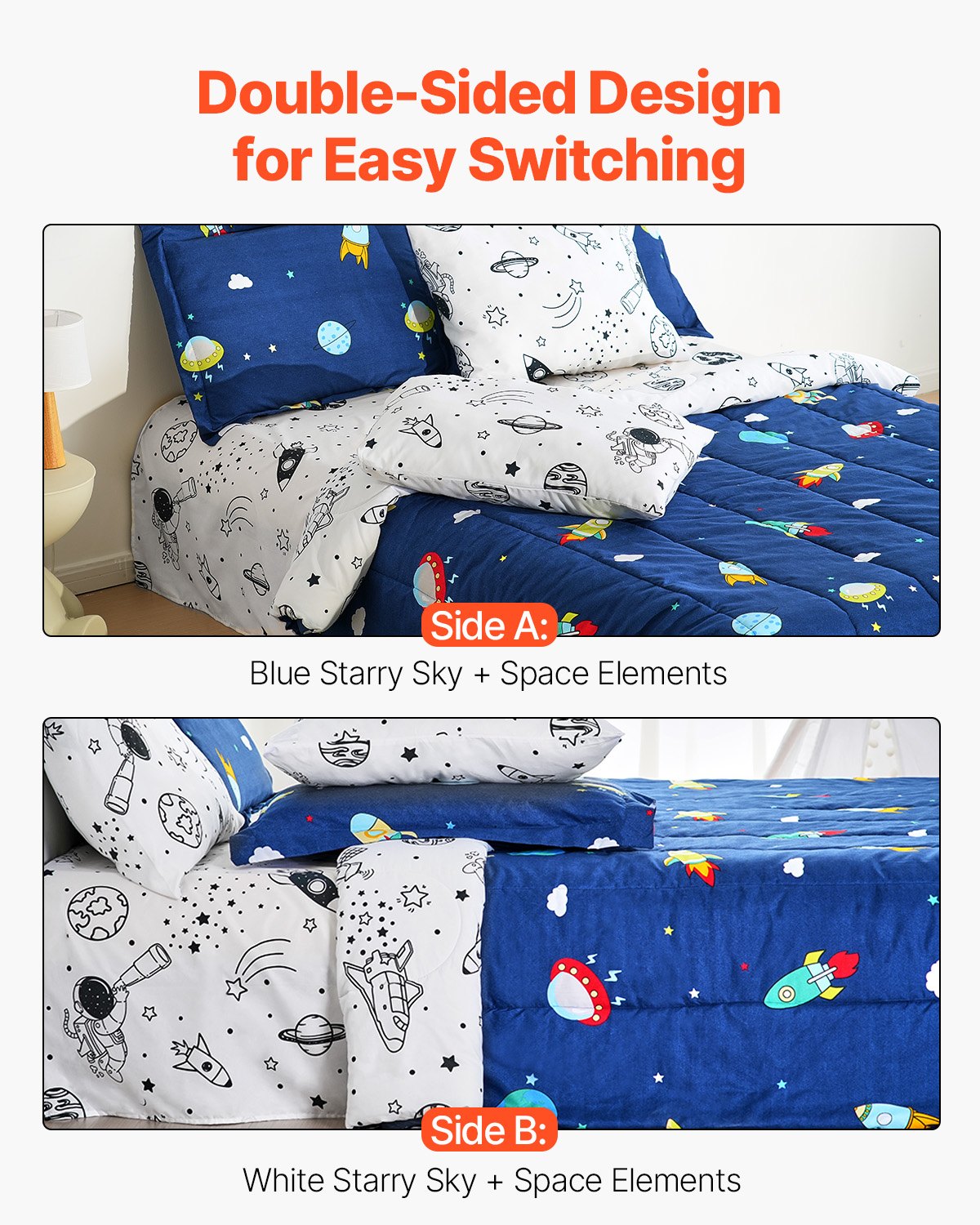 VEVOR Kids Comforter Set, 7 Pieces, Twin Bedding Sets with 1 Comforter, 1 Flat Sheet, 1 Fitted Sheet, 4 Pillowcases, Soft Microfiber & Space Printed, Bedding Comforter Sets for Boys Girls Teen - CS7JTCXXWFULAXK4E001V0 - view 6