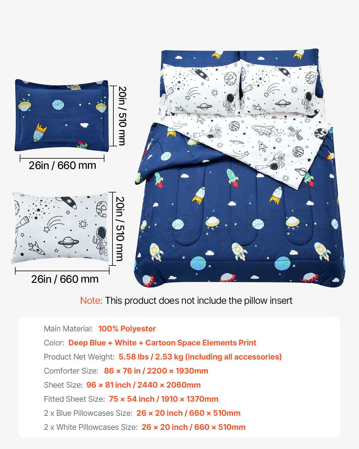 VEVOR Kids Comforter Set, 7 Pieces, Twin Bedding Sets with 1 Comforter, 1 Flat Sheet, 1 Fitted Sheet, 4 Pillowcases, Soft Microfiber & Space Printed, Bedding Comforter Sets for Boys Girls Teen - CS7JTCXXWFULAXK4E001V0 - view 8