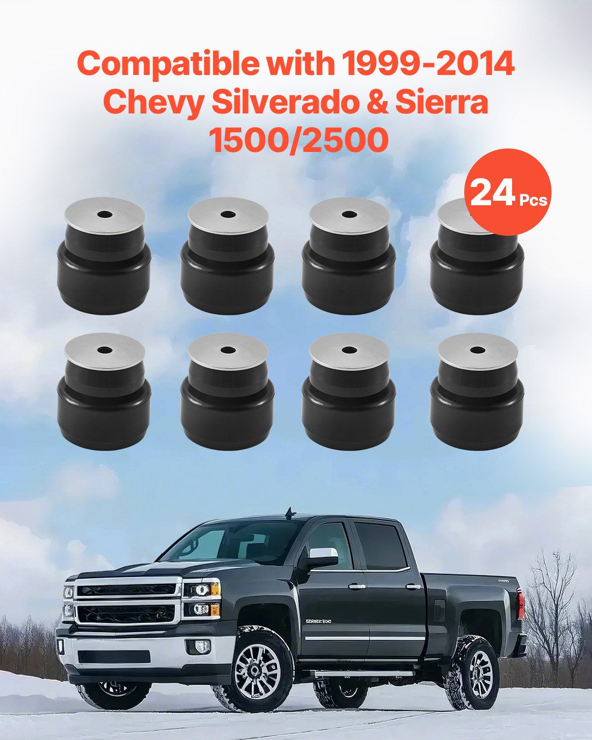 VEVOR Body Mount Bushing Kit, Compatible with 1999-2014 Chevy Silverado & Sierra 1500/2500, 24 PCS Polyurethane Body Mount Kit, Durable Components for Improving Bumpy Driving Performance, Black - CSAZCTTJJAZ16K0ZH001V0 - view 3