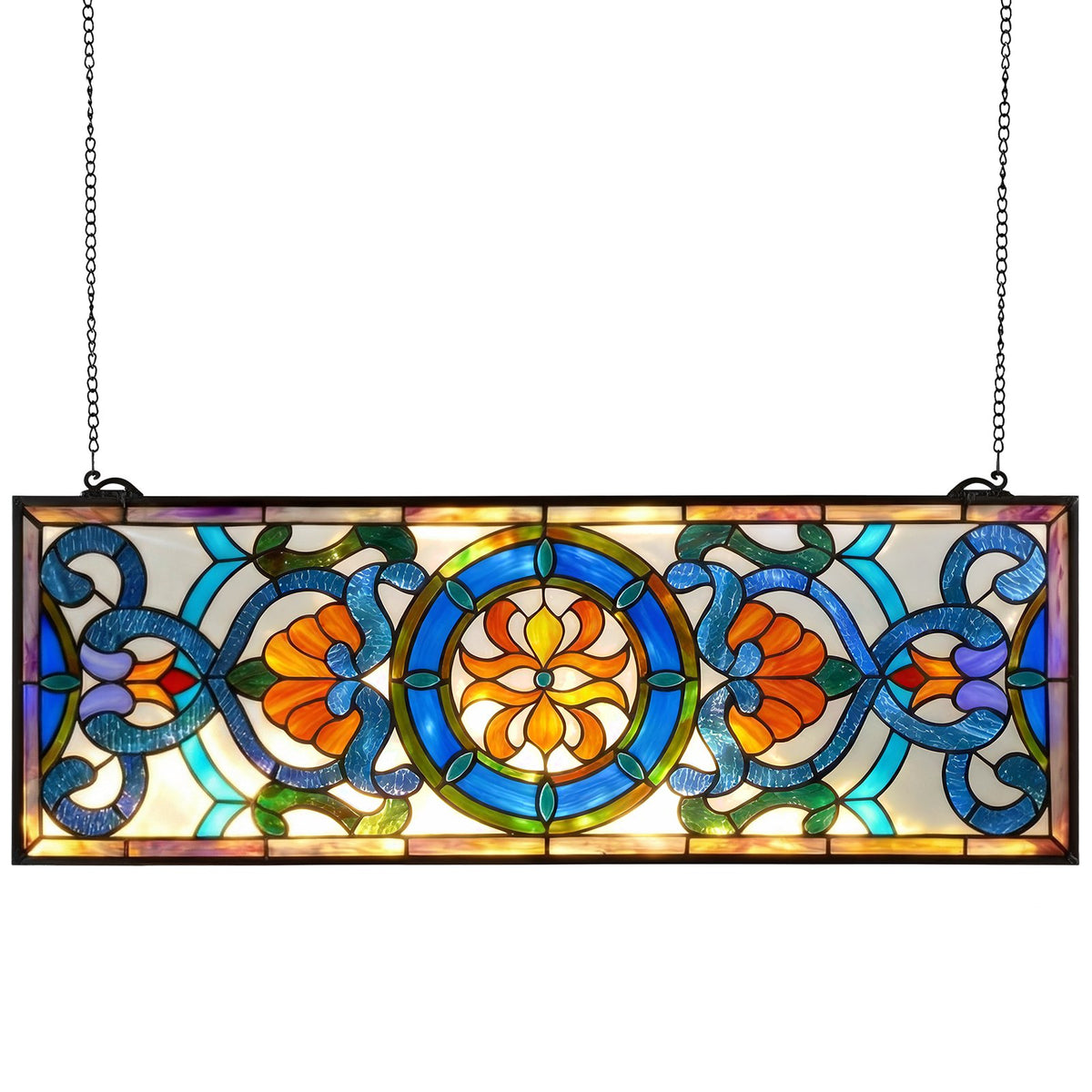 VEVOR Stained Glass Window Panel, 35.1" x 12.9" Tiffany Style Hanging Transom Window Panel with Chain, Large Horizontal Rectangle Stain Glass, Vintage Traditional Art Handcrafts for Kitchen Home Decor - CSBLBXZ2025H369UW001V0 - view 1