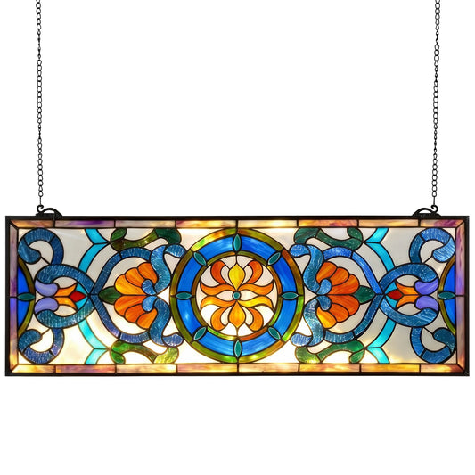 VEVOR Stained Glass Window Panel, 35.1" x 12.9" Tiffany Style Hanging Transom Window Panel with Chain, Large Horizontal Rectangle Stain Glass, Vintage Traditional Art Handcrafts for Kitchen Home Decor - CSBLBXZ2025H369UW001V0 - view 1