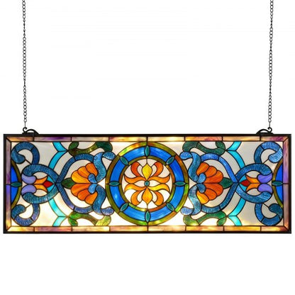 VEVOR Stained Glass Window Panel, 35.1" x 12.9" Tiffany Style Hanging Transom Window Panel with Chain, Large Horizontal Rectangle Stain Glass, Vintage Traditional Art Handcrafts for Kitchen Home Decor - CSBLBXZ2025H369UW001V0 - view 2