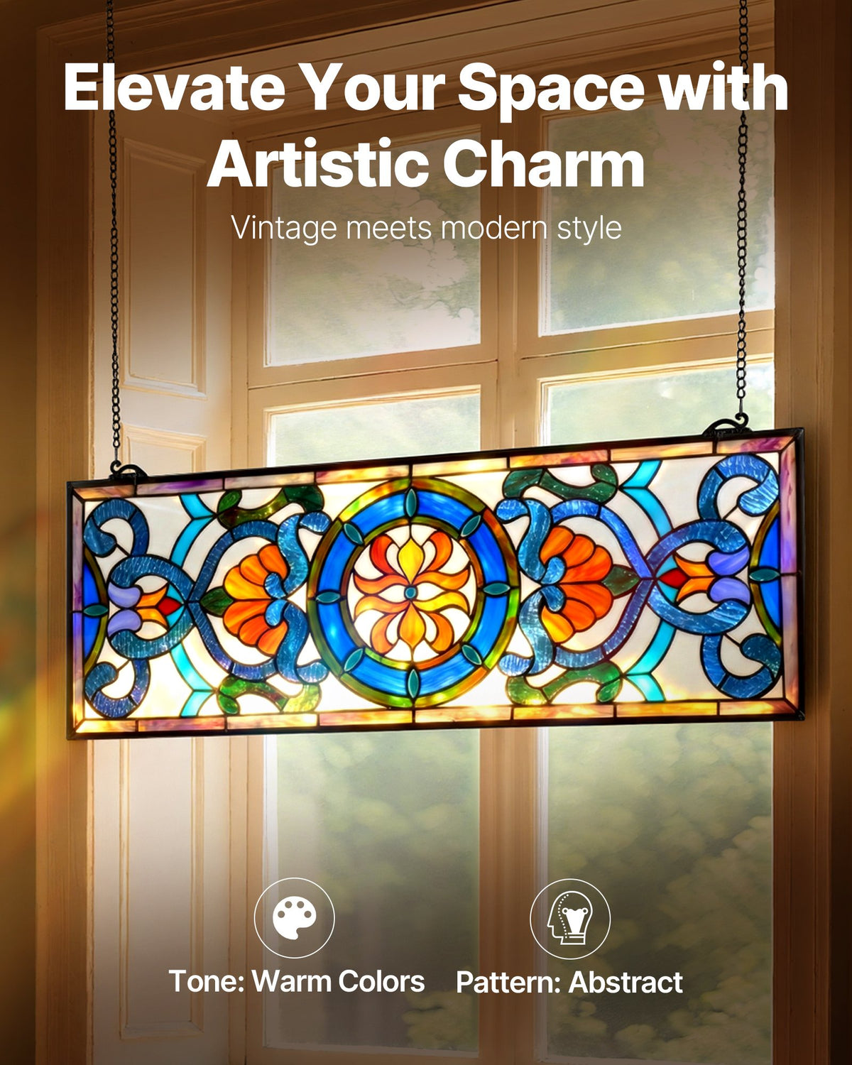 VEVOR Stained Glass Window Panel, 35.1" x 12.9" Tiffany Style Hanging Transom Window Panel with Chain, Large Horizontal Rectangle Stain Glass, Vintage Traditional Art Handcrafts for Kitchen Home Decor - CSBLBXZ2025H369UW001V0 - view 3