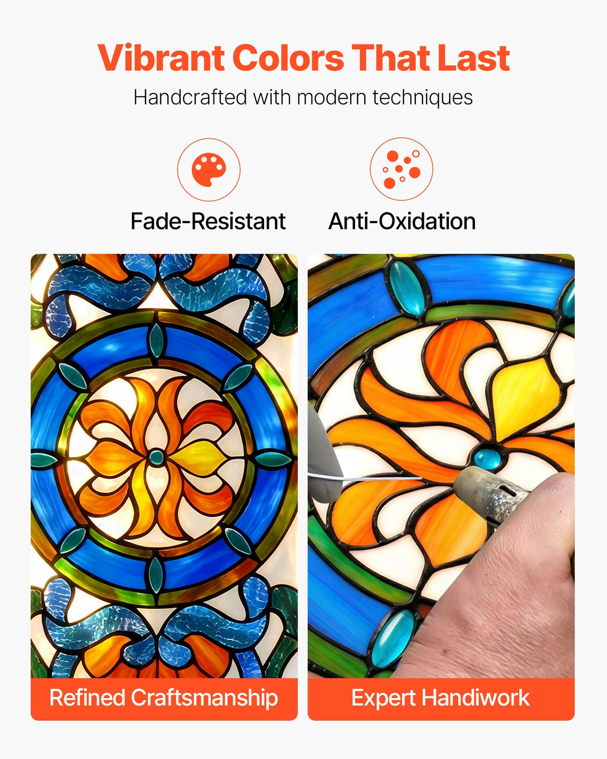 VEVOR Stained Glass Window Panel, 35.1" x 12.9" Tiffany Style Hanging Transom Window Panel with Chain, Large Horizontal Rectangle Stain Glass, Vintage Traditional Art Handcrafts for Kitchen Home Decor - CSBLBXZ2025H369UW001V0 - view 4
