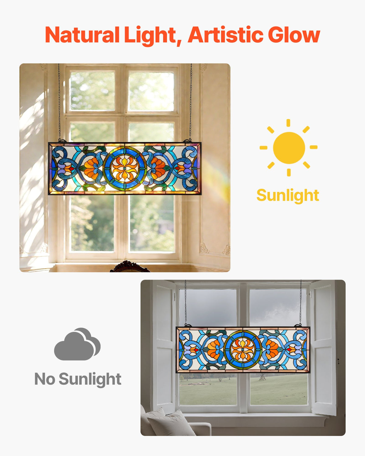 VEVOR Stained Glass Window Panel, 35.1" x 12.9" Tiffany Style Hanging Transom Window Panel with Chain, Large Horizontal Rectangle Stain Glass, Vintage Traditional Art Handcrafts for Kitchen Home Decor - CSBLBXZ2025H369UW001V0 - view 5