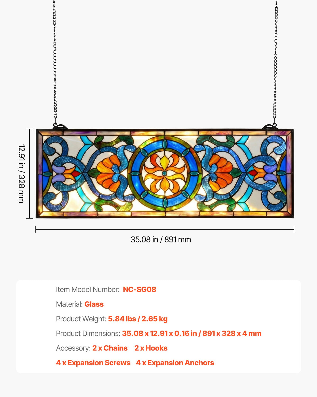VEVOR Stained Glass Window Panel, 35.1" x 12.9" Tiffany Style Hanging Transom Window Panel with Chain, Large Horizontal Rectangle Stain Glass, Vintage Traditional Art Handcrafts for Kitchen Home Decor - CSBLBXZ2025H369UW001V0 - view 8