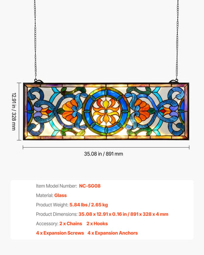 VEVOR Stained Glass Window Panel, 35.1" x 12.9" Tiffany Style Hanging Transom Window Panel with Chain, Large Horizontal Rectangle Stain Glass, Vintage Traditional Art Handcrafts for Kitchen Home Decor - CSBLBXZ2025H369UW001V0 - view 8