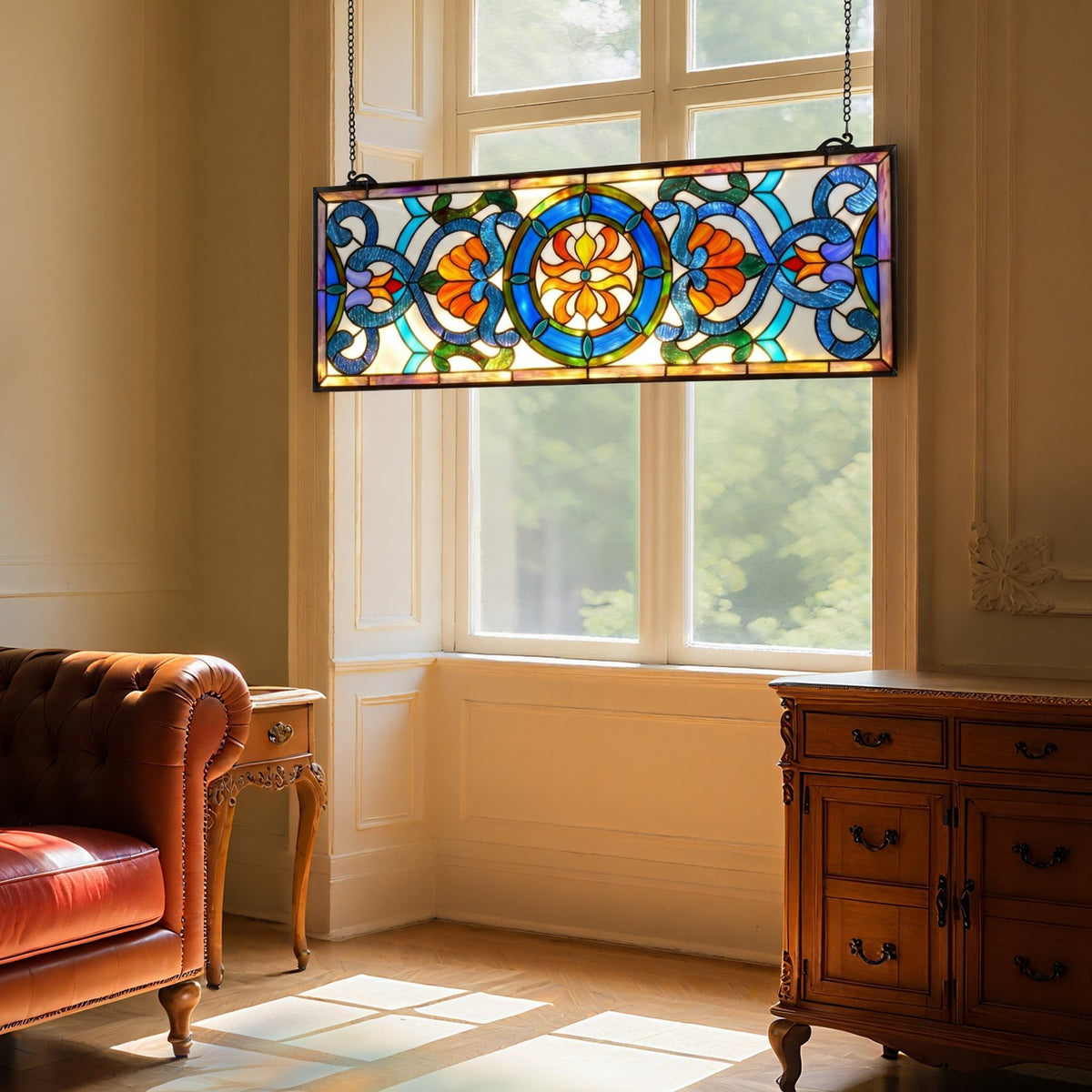 VEVOR Stained Glass Window Panel, 35.1" x 12.9" Tiffany Style Hanging Transom Window Panel with Chain, Large Horizontal Rectangle Stain Glass, Vintage Traditional Art Handcrafts for Kitchen Home Decor - CSBLBXZ2025H369UW001V0 - view 9