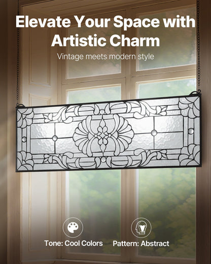 VEVOR Stained Glass Window Panel, 35.2" x 13" Tiffany Style Hanging Transom Window Panel with Chain, Large Horizontal Rectangle Stain Glass, Vintage Traditional Art Handcrafts for Kitchen Home Decor - CSBLBXZ2025H4206N001V0 - view 3