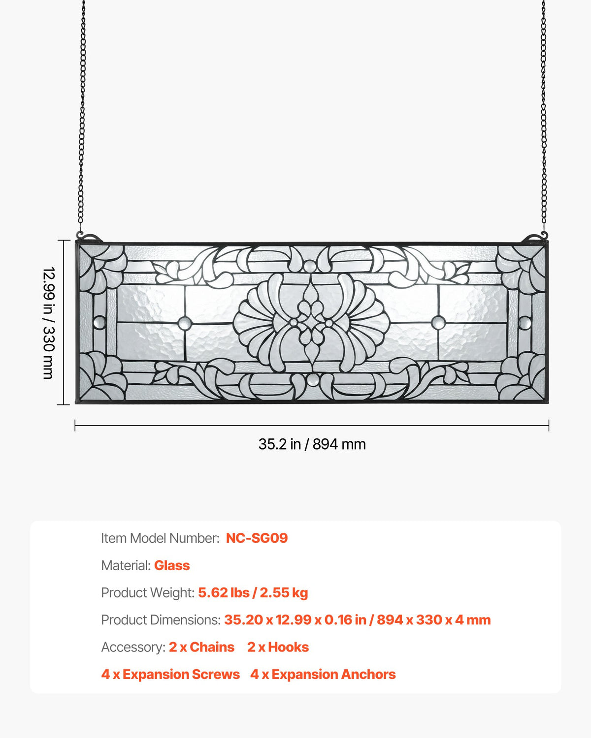 VEVOR Stained Glass Window Panel, 35.2" x 13" Tiffany Style Hanging Transom Window Panel with Chain, Large Horizontal Rectangle Stain Glass, Vintage Traditional Art Handcrafts for Kitchen Home Decor - CSBLBXZ2025H4206N001V0 - view 8