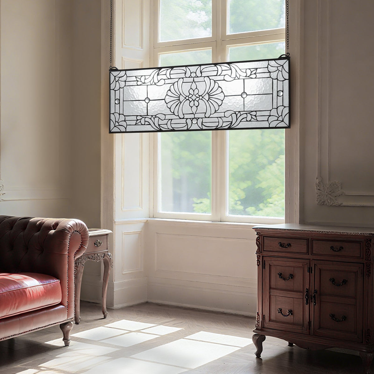 VEVOR Stained Glass Window Panel, 35.2" x 13" Tiffany Style Hanging Transom Window Panel with Chain, Large Horizontal Rectangle Stain Glass, Vintage Traditional Art Handcrafts for Kitchen Home Decor - CSBLBXZ2025H4206N001V0 - view 9