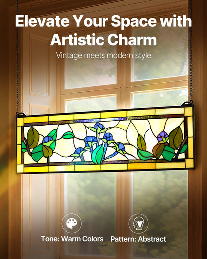 VEVOR Stained Glass Window Panel, 35.2" x 13.1" Tiffany Style Hanging Transom Window Panel with Chain, Large Horizontal Rectangle Stain Glass, Vintage Traditional Art Handcrafts for Kitchen Home Decor - CSBLBXZ2025HO6V3B001V0 - view 3