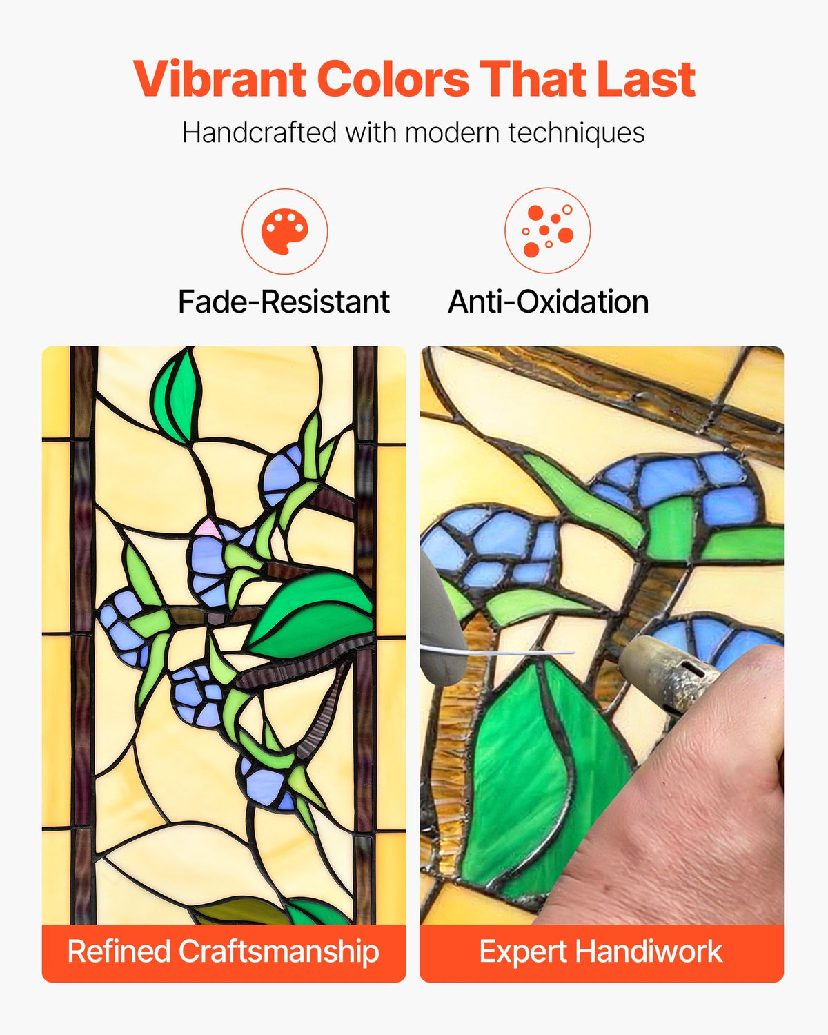 VEVOR Stained Glass Window Panel, 35.2" x 13.1" Tiffany Style Hanging Transom Window Panel with Chain, Large Horizontal Rectangle Stain Glass, Vintage Traditional Art Handcrafts for Kitchen Home Decor - CSBLBXZ2025HO6V3B001V0 - view 4