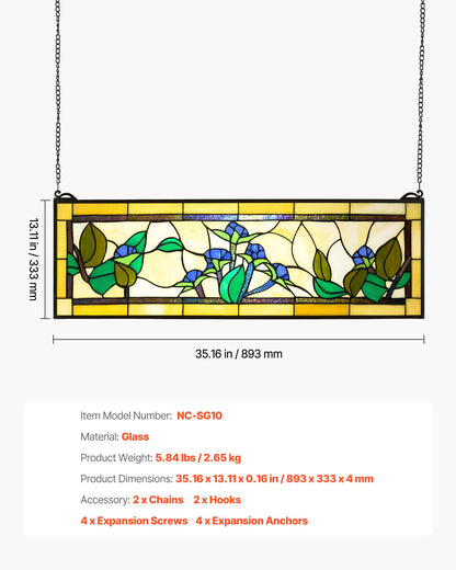VEVOR Stained Glass Window Panel, 35.2" x 13.1" Tiffany Style Hanging Transom Window Panel with Chain, Large Horizontal Rectangle Stain Glass, Vintage Traditional Art Handcrafts for Kitchen Home Decor - CSBLBXZ2025HO6V3B001V0 - view 8