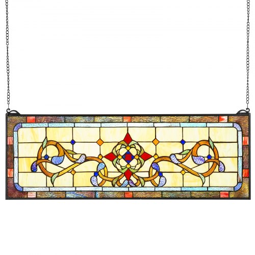 VEVOR Stained Glass Window Panel, 32" x 11" Tiffany Style Hanging Transom Window Panel with Chain, Large Horizontal Rectangle Stain Glass, Vintage Traditional Art Handcrafts for Kitchen Home Decor - CSBLBXZ2025HPIDTZ001V0 - view 2