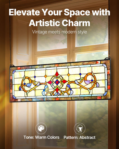 VEVOR Stained Glass Window Panel, 32" x 11" Tiffany Style Hanging Transom Window Panel with Chain, Large Horizontal Rectangle Stain Glass, Vintage Traditional Art Handcrafts for Kitchen Home Decor - CSBLBXZ2025HPIDTZ001V0 - view 3