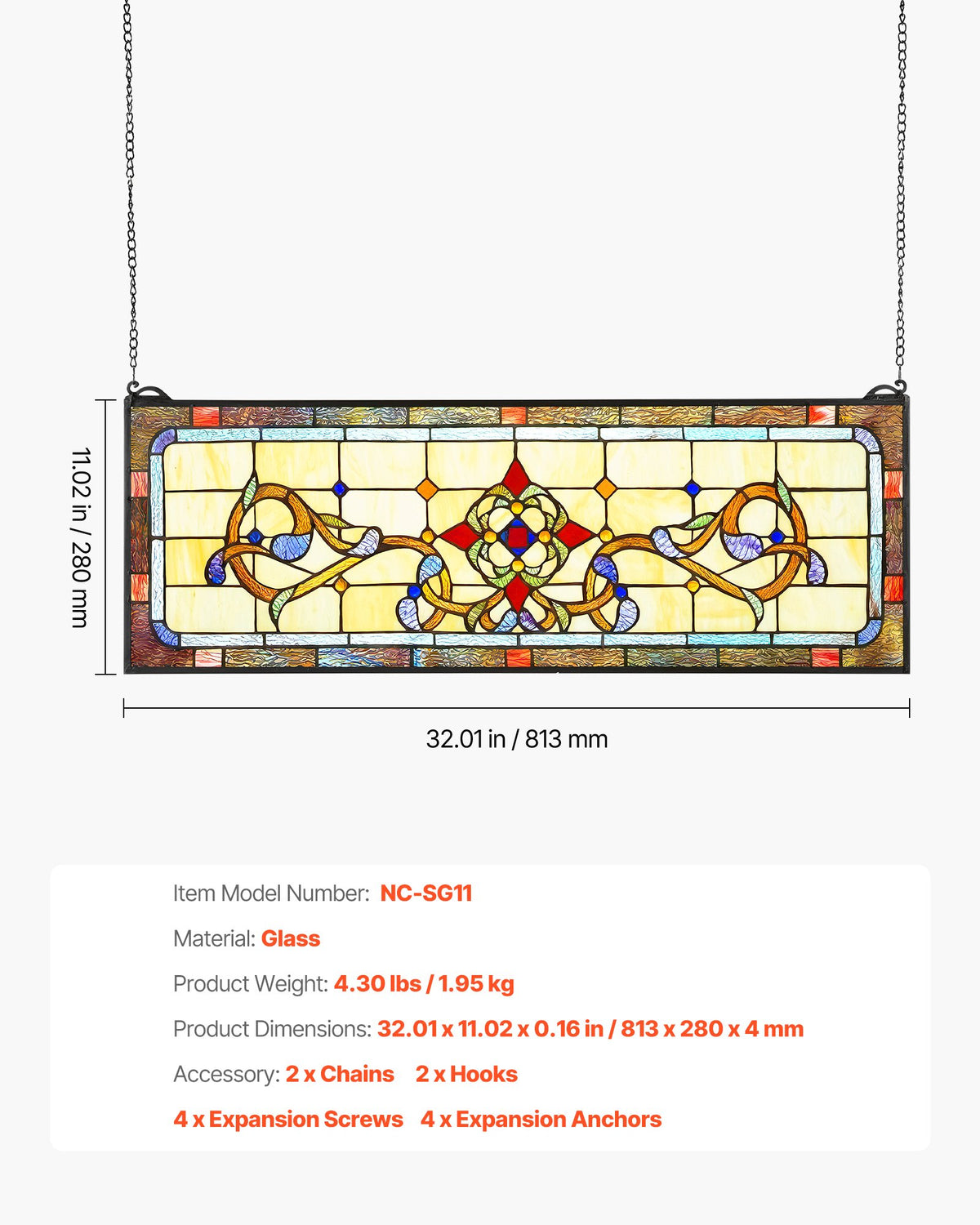 VEVOR Stained Glass Window Panel, 32" x 11" Tiffany Style Hanging Transom Window Panel with Chain, Large Horizontal Rectangle Stain Glass, Vintage Traditional Art Handcrafts for Kitchen Home Decor - CSBLBXZ2025HPIDTZ001V0 - view 8
