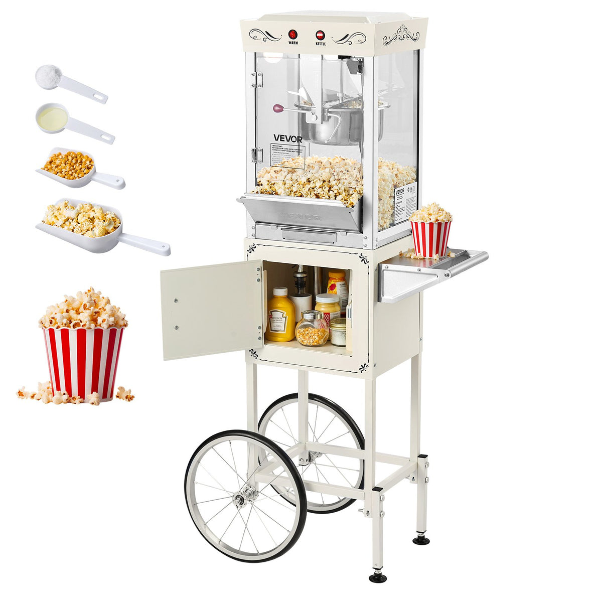 VEVOR Popcorn Machine with Cart, 8oz Stainless Steel Kettle, 800W Commercial Popcorn Maker, 48 Cups per Batch Theater Style Popper, with 2-Button Control Glass Wall PC Door 1 Scoop 3 Spoons, White - CSBMHJBS8OZWDPTVU001V1 - view 1