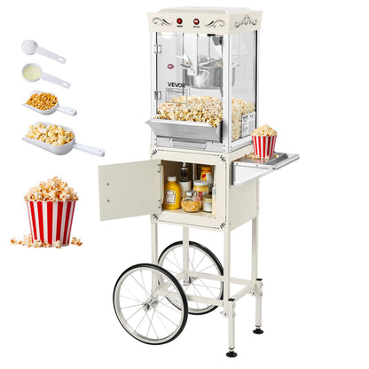 VEVOR Popcorn Machine with Cart, 8oz Stainless Steel Kettle, 800W Commercial Popcorn Maker, 48 Cups per Batch Theater Style Popper, with 2-Button Control Glass Wall PC Door 1 Scoop 3 Spoons, White - CSBMHJBS8OZWDPTVU001V1 - view 1