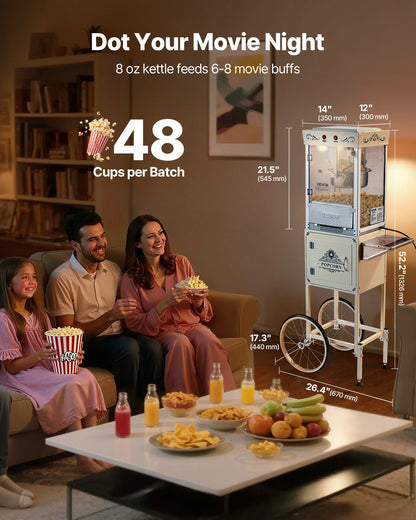 VEVOR Popcorn Machine with Cart, 8oz Stainless Steel Kettle, 800W Commercial Popcorn Maker, 48 Cups per Batch Theater Style Popper, with 2-Button Control Glass Wall PC Door 1 Scoop 3 Spoons, White - CSBMHJBS8OZWDPTVU001V1 - view 3