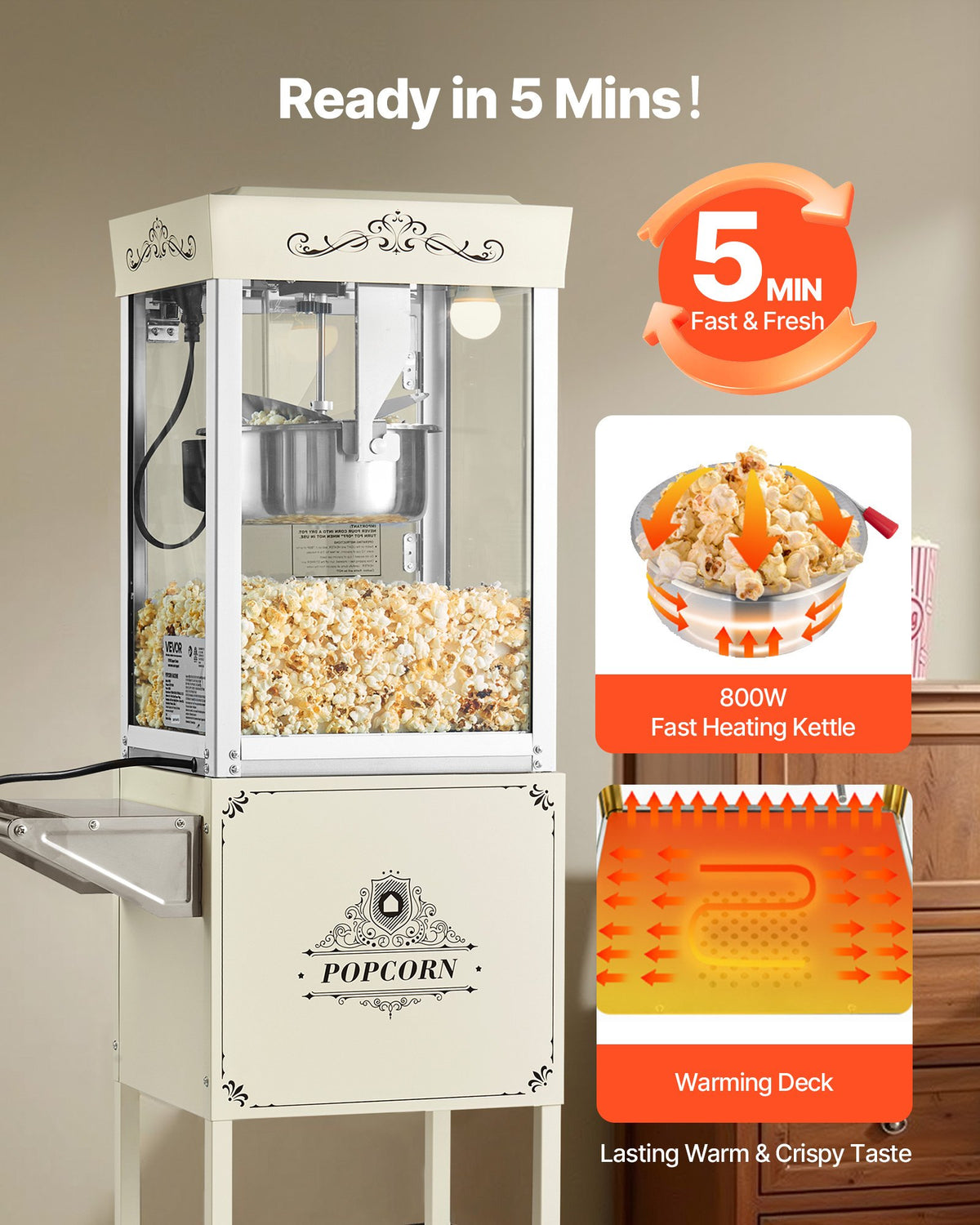 VEVOR Popcorn Machine with Cart, 8oz Stainless Steel Kettle, 800W Commercial Popcorn Maker, 48 Cups per Batch Theater Style Popper, with 2-Button Control Glass Wall PC Door 1 Scoop 3 Spoons, White - CSBMHJBS8OZWDPTVU001V1 - view 5
