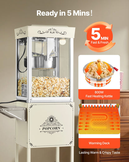 VEVOR Popcorn Machine with Cart, 8oz Stainless Steel Kettle, 800W Commercial Popcorn Maker, 48 Cups per Batch Theater Style Popper, with 2-Button Control Glass Wall PC Door 1 Scoop 3 Spoons, White - CSBMHJBS8OZWDPTVU001V1 - view 5