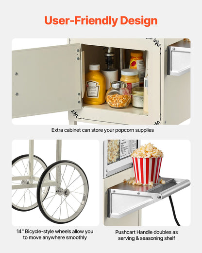 VEVOR Popcorn Machine with Cart, 8oz Stainless Steel Kettle, 800W Commercial Popcorn Maker, 48 Cups per Batch Theater Style Popper, with 2-Button Control Glass Wall PC Door 1 Scoop 3 Spoons, White - CSBMHJBS8OZWDPTVU001V1 - view 6