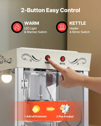 VEVOR Popcorn Machine with Cart, 8oz Stainless Steel Kettle, 800W Commercial Popcorn Maker, 48 Cups per Batch Theater Style Popper, with 2-Button Control Glass Wall PC Door 1 Scoop 3 Spoons, White - CSBMHJBS8OZWDPTVU001V1 - view 7