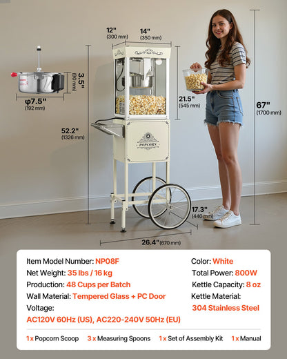VEVOR Popcorn Machine with Cart, 8oz Stainless Steel Kettle, 800W Commercial Popcorn Maker, 48 Cups per Batch Theater Style Popper, with 2-Button Control Glass Wall PC Door 1 Scoop 3 Spoons, White - CSBMHJBS8OZWDPTVU001V1 - view 8