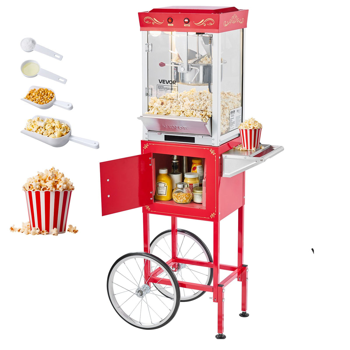 VEVOR Popcorn Machine with Cart, 8oz Stainless Steel Kettle, 800W Commercial Popcorn Maker, 48 Cups per Batch Theater Style Popper, with 2-Button Control Glass Wall PC Door 1 Scoop 3 Spoons, Red - CSBMHJHS8OZW5RV9X001V1 - view 1