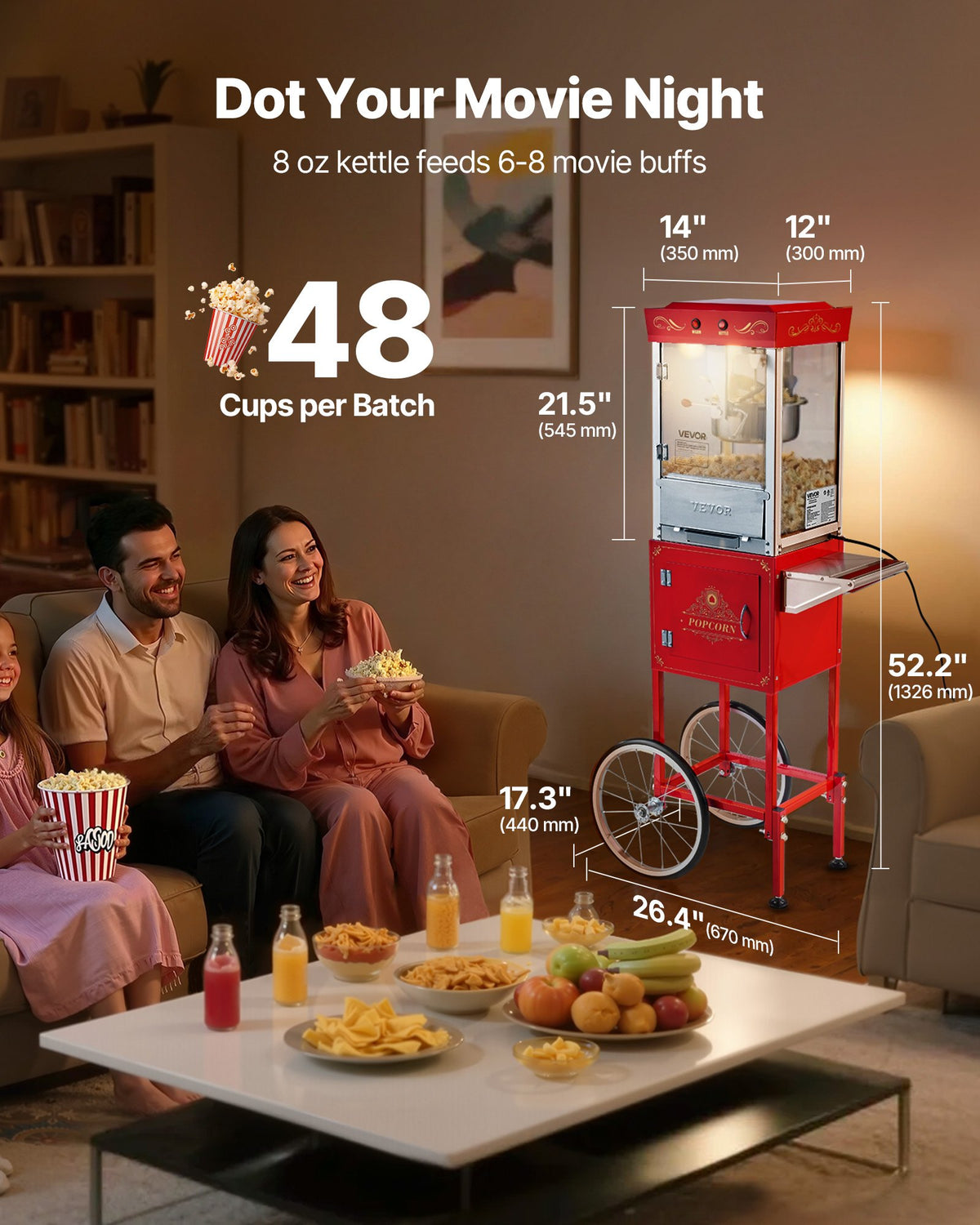 VEVOR Popcorn Machine with Cart, 8oz Stainless Steel Kettle, 800W Commercial Popcorn Maker, 48 Cups per Batch Theater Style Popper, with 2-Button Control Glass Wall PC Door 1 Scoop 3 Spoons, Red - CSBMHJHS8OZW5RV9X001V1 - view 3